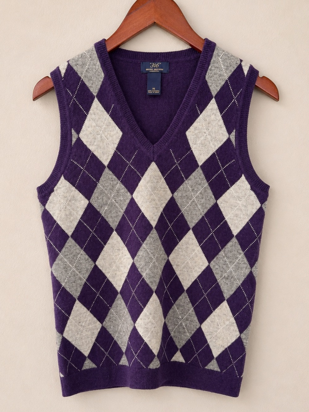 Brooks Brothers 346 100% Lambswool Argyle Sweater Vest Purple Gray XS Classic - Picture 2 of 5